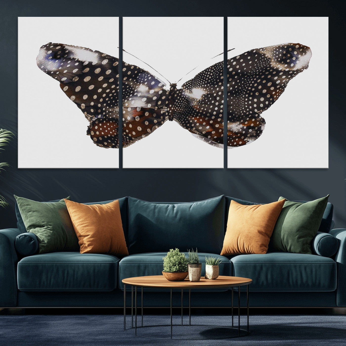 MGV-CV-60X30-3P - Spotted Butterfly Wall Art Canvas Print, Framed Neutral Insect Theme Art Picture Print, Earthy Wing Pattern Perfect Modern Rustic Decor Artwork