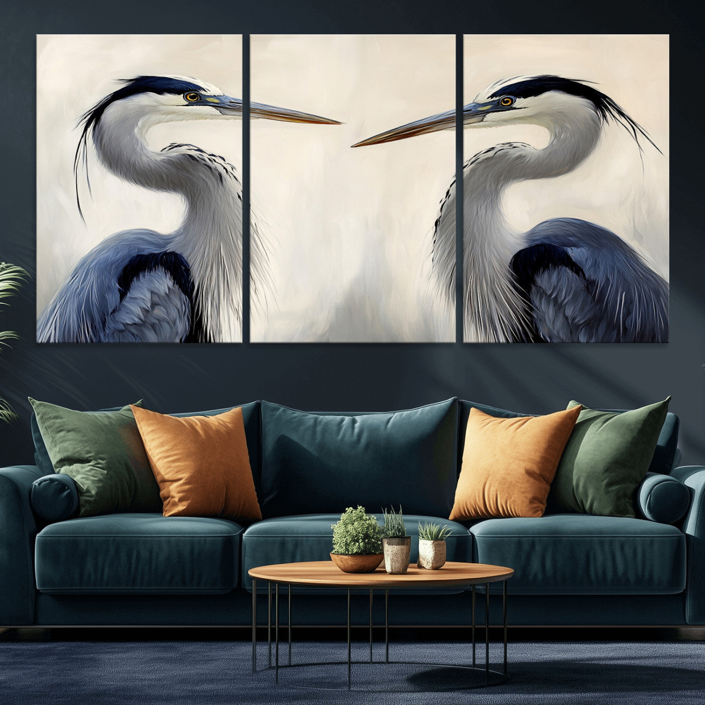 MGV-CV-60X30-3P - Blue Heron Pair Wall Art Canvas Print, Framed Coastal Bird Theme Art Picture Print, Tranquil Wildlife Scene Perfect Coastal Minimalist Decor Artwork
