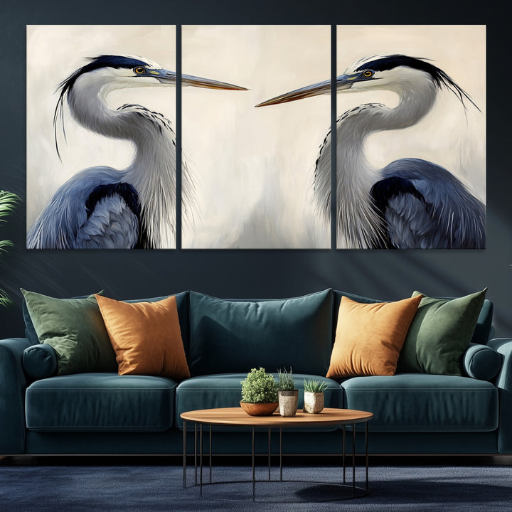 Blue Heron Pair Wall Art Canvas Print, Coastal Bird Theme Print, Framed Tranquil Wildlife Scene Art Print, Large Nature Inspired Decor Printing