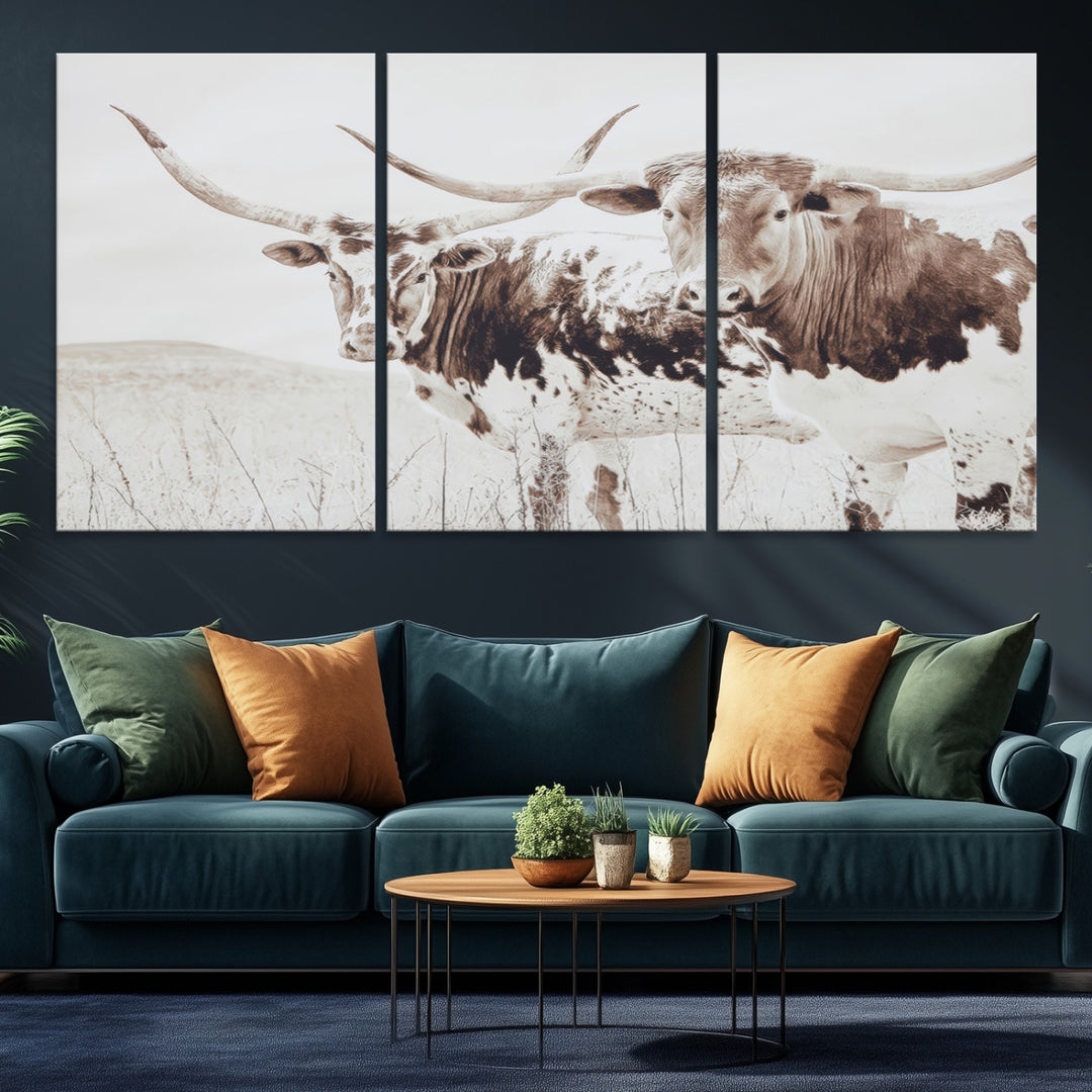 Longhorn Wall Art Wall Art Canvas Print, Western Cow Canvas Print, Framed Rustic Farm Decor Art Print, Large Neutral Animal Scene Printing