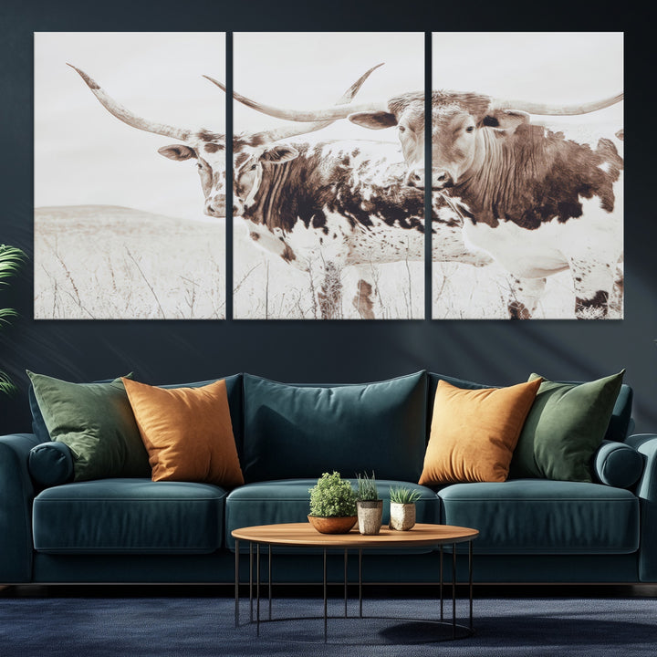 Longhorn Wall Art Wall Art Canvas Print, Western Cow Canvas Print, Framed Rustic Farm Decor Art Print, Large Neutral Animal Scene Printing