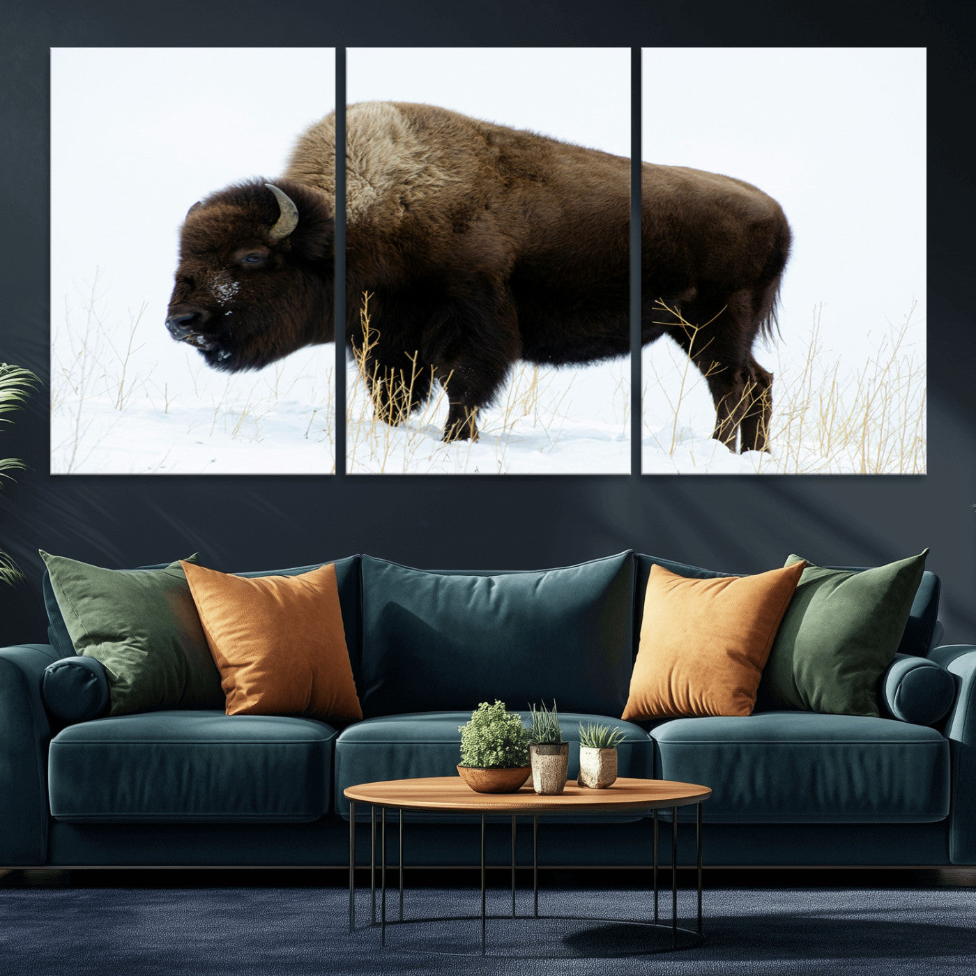 MGV-CV-60X30-3P - Bison Photography Wall Art Canvas Print, Framed Western Wildlife Art Picture Print, Buffalo On Snow Perfect Western Decor Artwork
