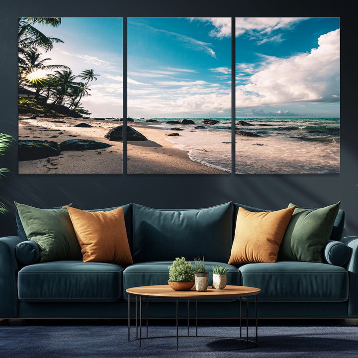 Tropical Beach Wall Art Canvas Print, Framed Ocean Waves Art Picture Print, Relaxing Seascape Perfect Tropical Coastal Decor Artwork