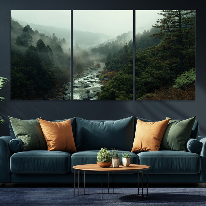 Misty Forest Wall Art Canvas Print, Framed Foggy River Art Picture Print, Moody Landscape Perfect Wilderness Decor Artwork
