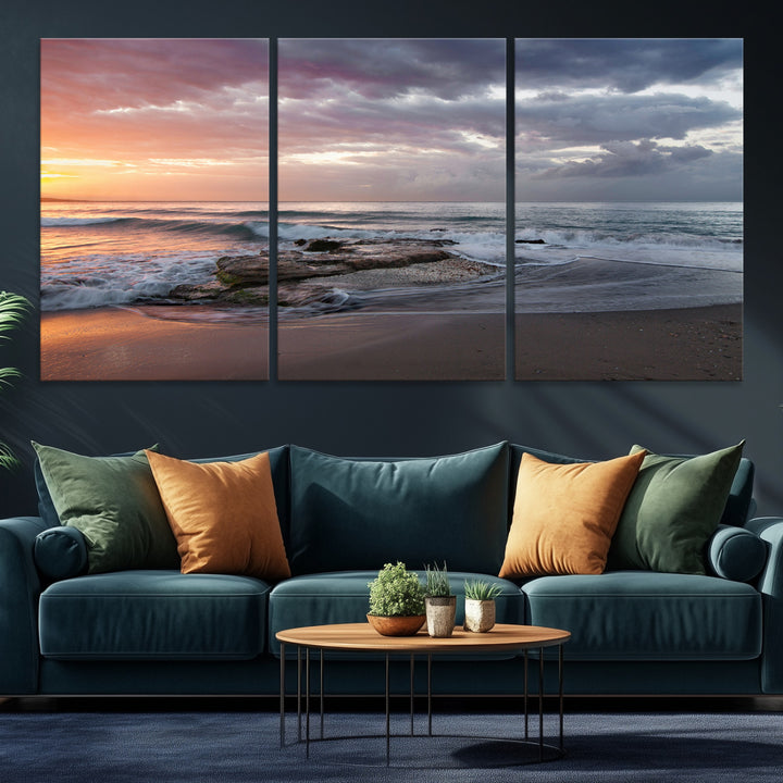 Golden Hour Wall Art Canvas Print, Framed Tranquil Waves Art Picture Print, Beach Perfect Coastal Serenity Decor Artwork