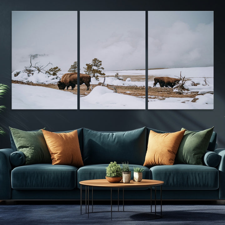 Bison Wildlife Wall Art Canvas Print, Framed Snowy Prairie Art Picture Print, Western Perfect Rustic Decor Artwork