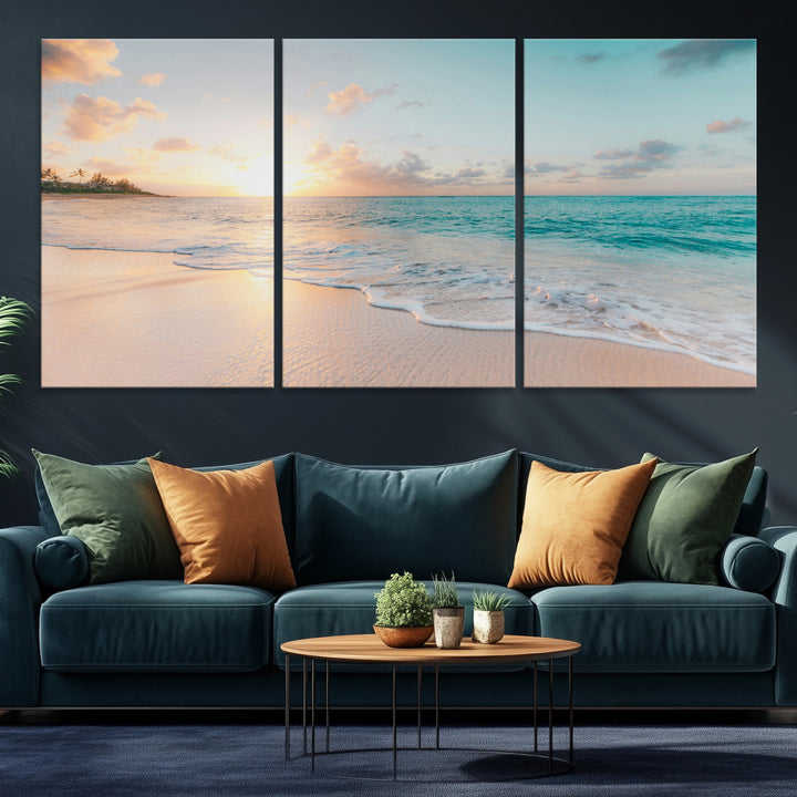 Beach Sunset Wall Art Canvas Print, Framed Ocean Waves Art Picture Print, Summer Escape Perfect Coastal Decor Artwork