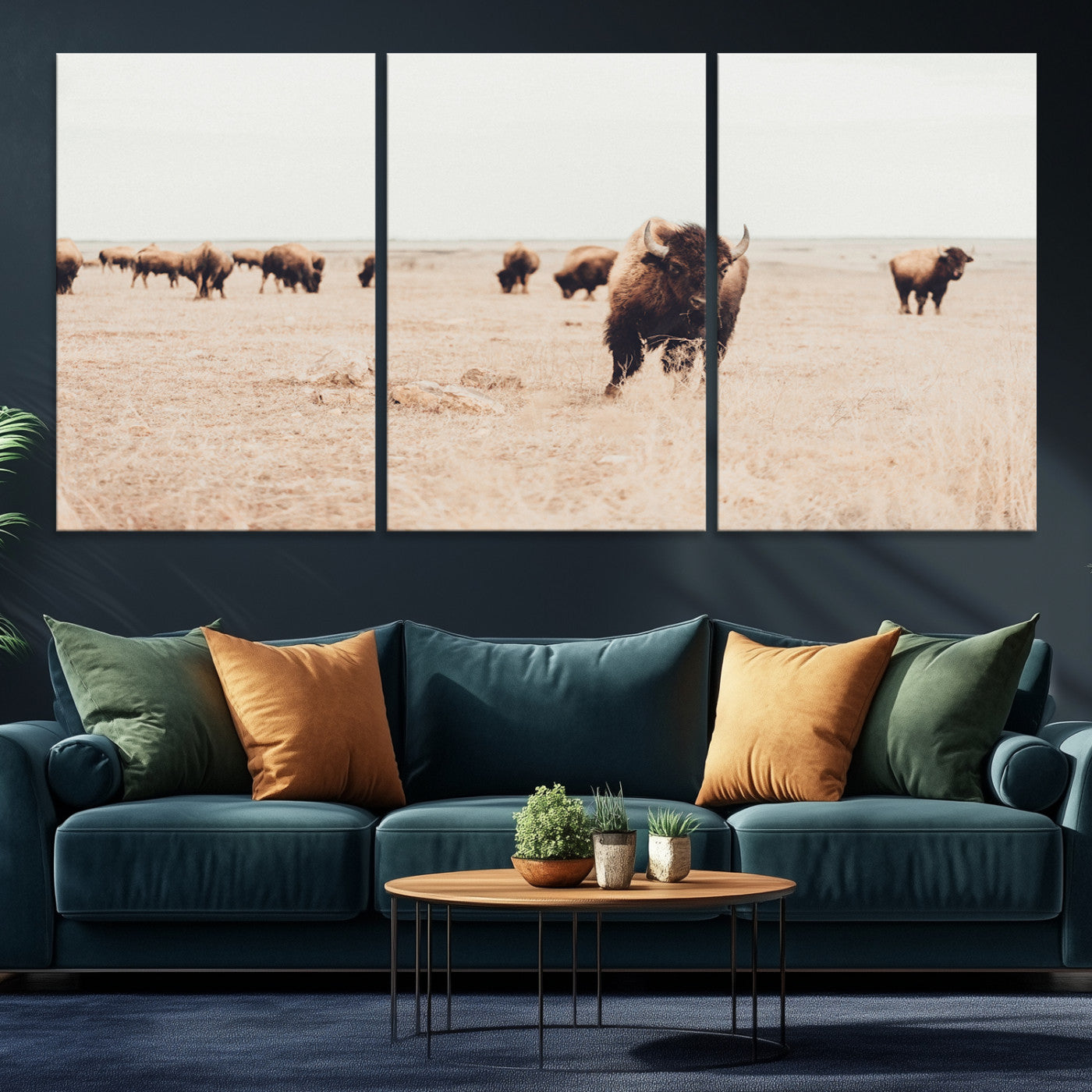 61367865-MGV-CV-36X24-Bison Herd Wall Art Canvas Print, Framed Western Art Picture Print, Prairie Serenity Perfect Ranch Decor Artwork
