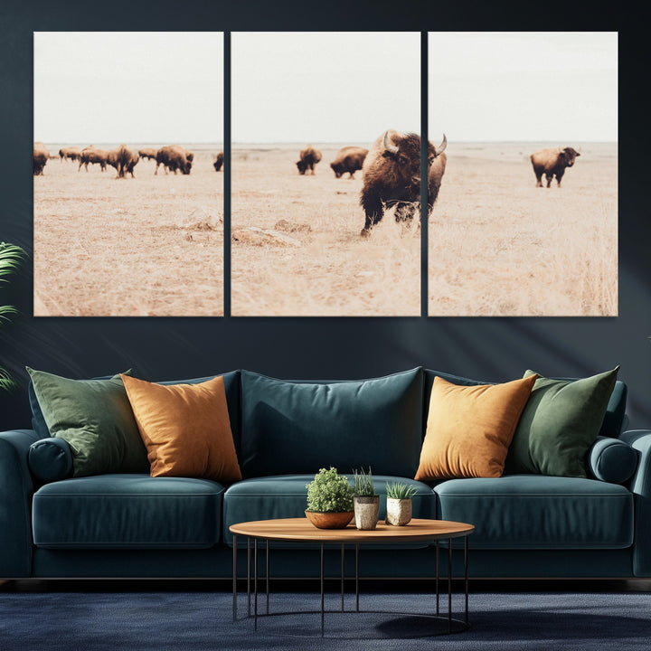 Bison Herd Wall Art Canvas Print, Framed Western Art Picture Print, Prairie Serenity Perfect Ranch Decor Artwork