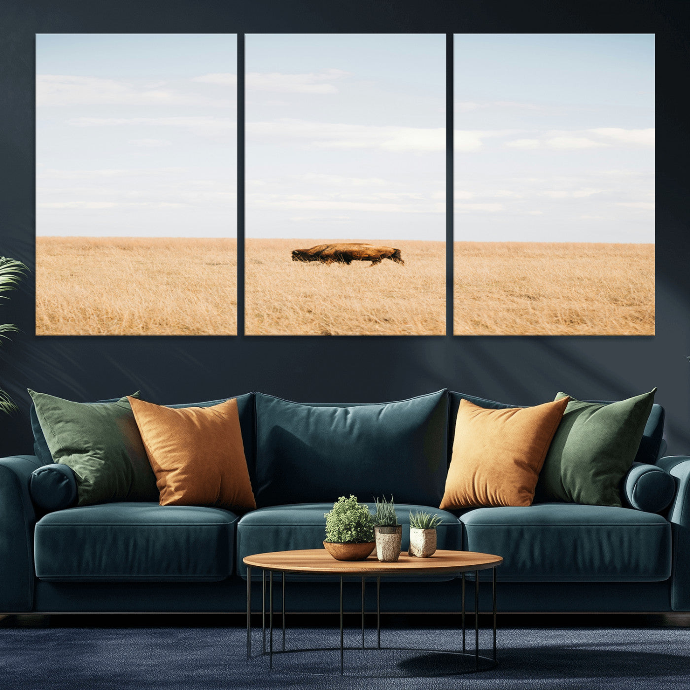 MGV-CV-60X30-3P - Minimalist Nature Wall Art Canvas Print, Framed Bison In Grassland Art Picture Print, Open Field Perfect Modern Ranch Decor Decor Artwork