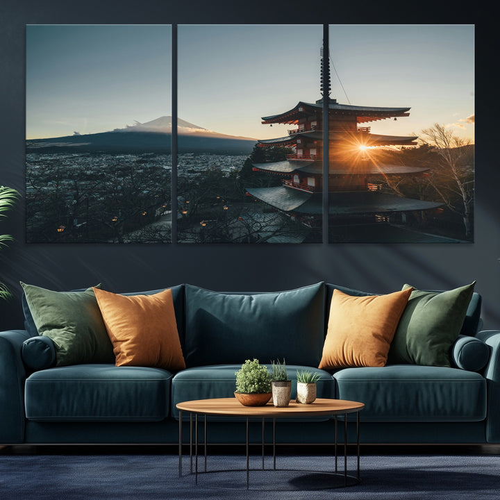 Chureito Pagoda at sunset with Mount Fuji in the background, city lights below, and golden sun rays, ideal for Japanese-inspired wall art.