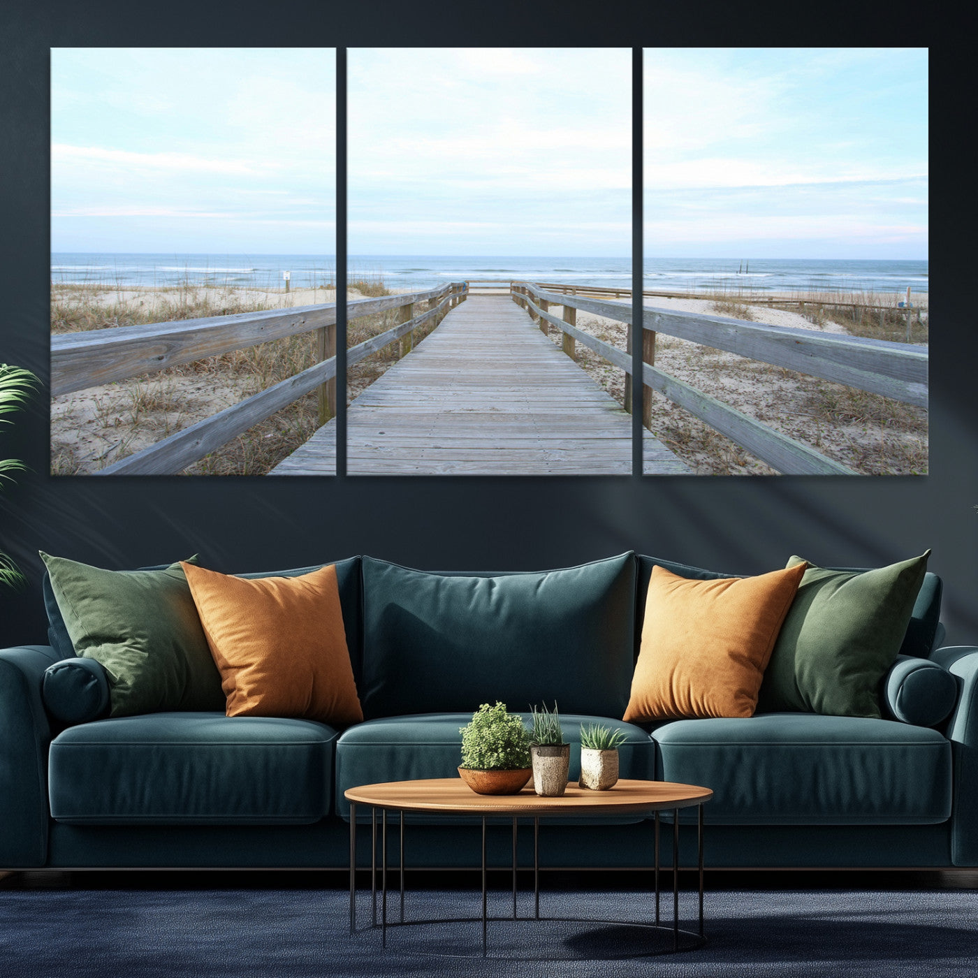 31602988-MGV-CV-36X24-Beach Boardwalk Wall Art Canvas Print, Framed Coastal Serenity Art Picture Print, Ocean View Perfect Coastal Decor Artwork