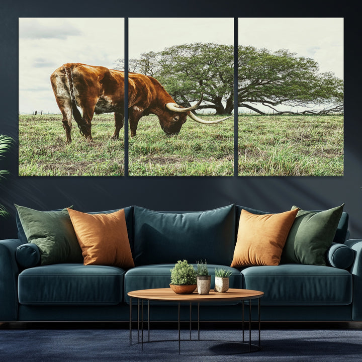 A Texas Longhorn grazing in a green pasture with a large tree in the background, evoking a rustic Western and farmhouse aesthetic.