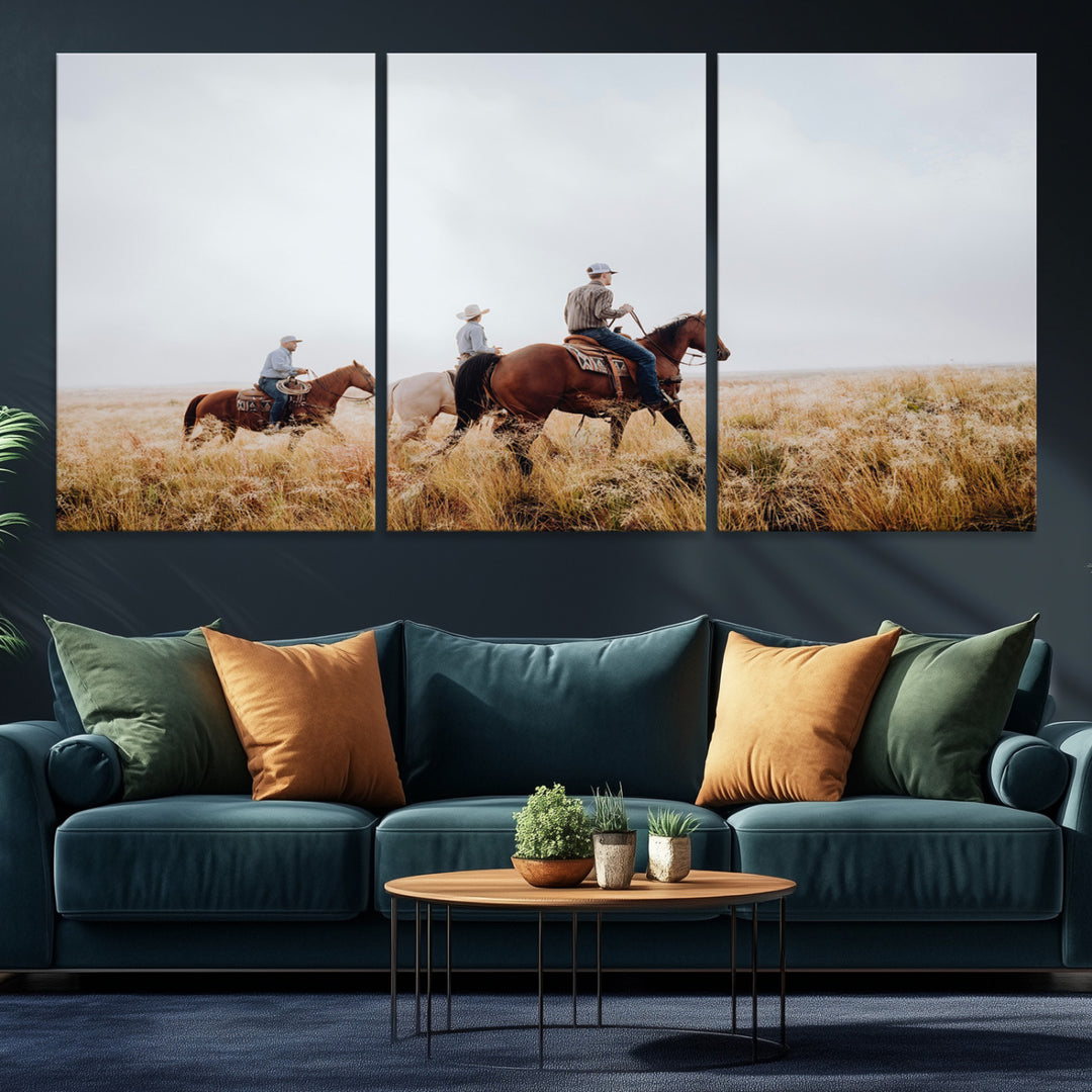 Three cowboys riding horses through a foggy prairie landscape, dressed in Western attire, evoking a rustic and adventurous Wild West aesthetic.