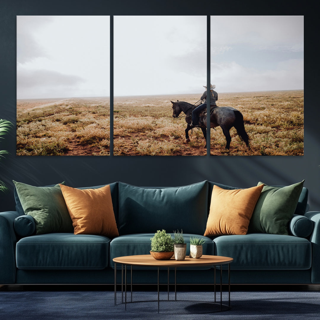 A lone cowboy riding horseback across an open prairie under a vast sky, capturing the rugged and timeless spirit of the Western frontier.
