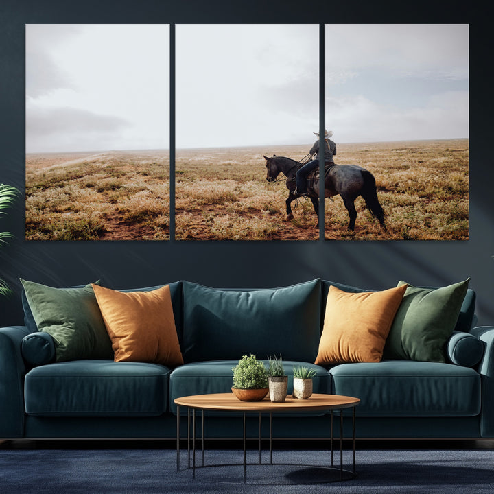 A lone cowboy riding horseback across an open prairie under a vast sky, capturing the rugged and timeless spirit of the Western frontier.