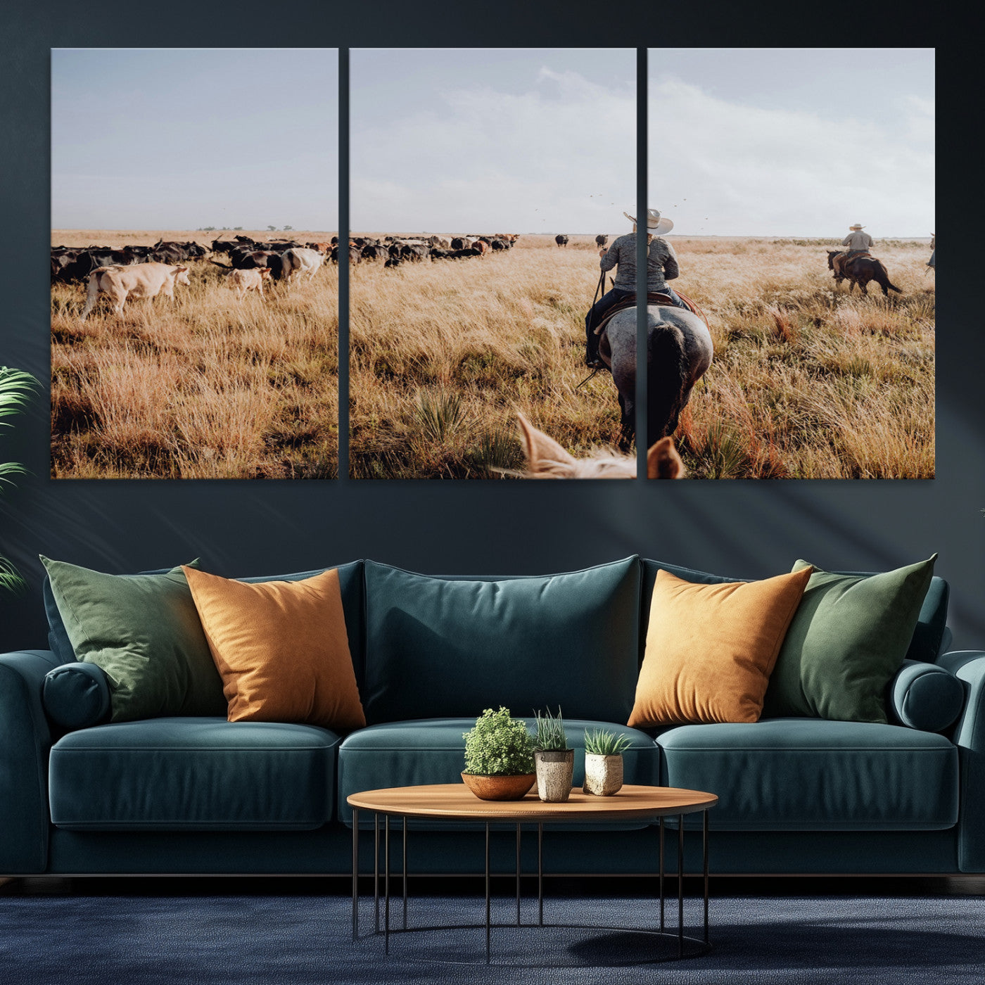22431577-MGV-CV-36X24-Western Wall Art Wall Art Canvas Print, Framed Cowboy Canvas Art Picture Print, Cattle Drive Scene Perfect Rustic Western Decor Artwork