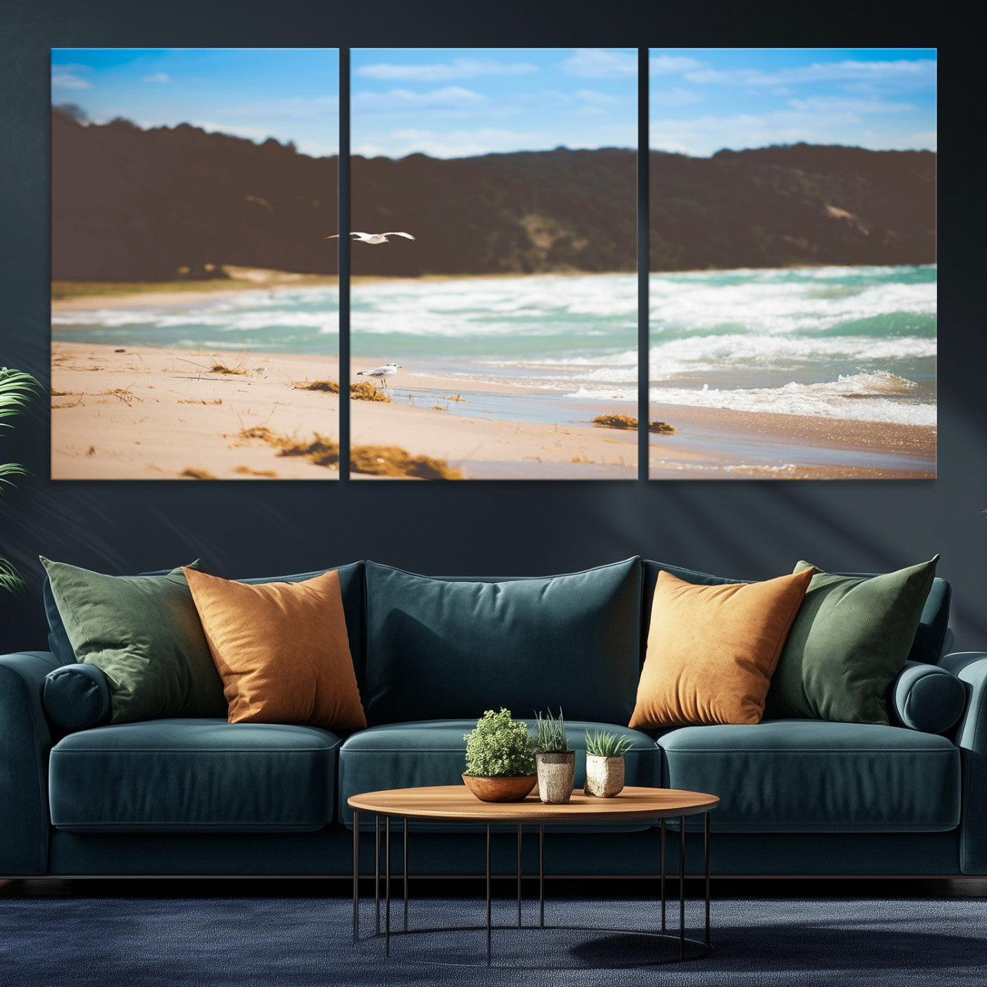 84260965-MGV-CV-36X24-Tranquil Beach Scene Wall Art Canvas Print, Framed Blue Ocean Waves Art Picture Print, Sandy Coastline Perfect Coastal Cottage Decor Artwork