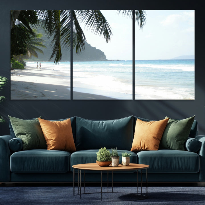 Tropical beach with palm tree shadows, white sand, and turquoise ocean waves, creating a serene and relaxing island escape atmosphere.