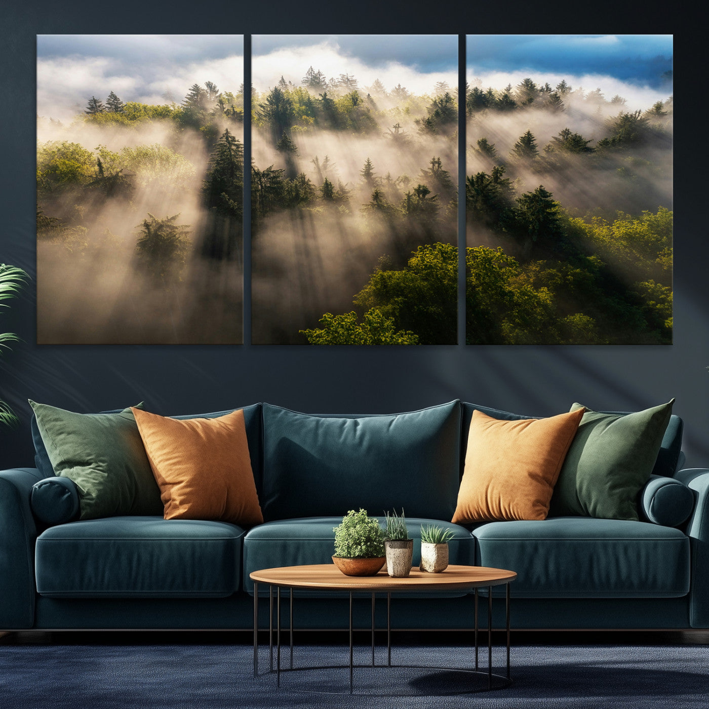 14785710-MGV-CV-36X24-Tranquil Forest Scene Wall Art Canvas Print, Framed Sunbeam Through Trees Art Picture Print, Moody Green Wall Art Perfect Scandinavian