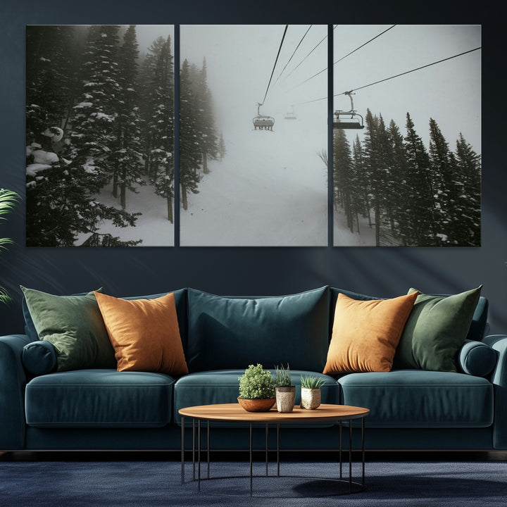 Ski Lift Wall Art Canvas Print, Framed Snowy Pines Art Picture Print, Misty Landscape Perfect Winter Serenity Decor Artwork