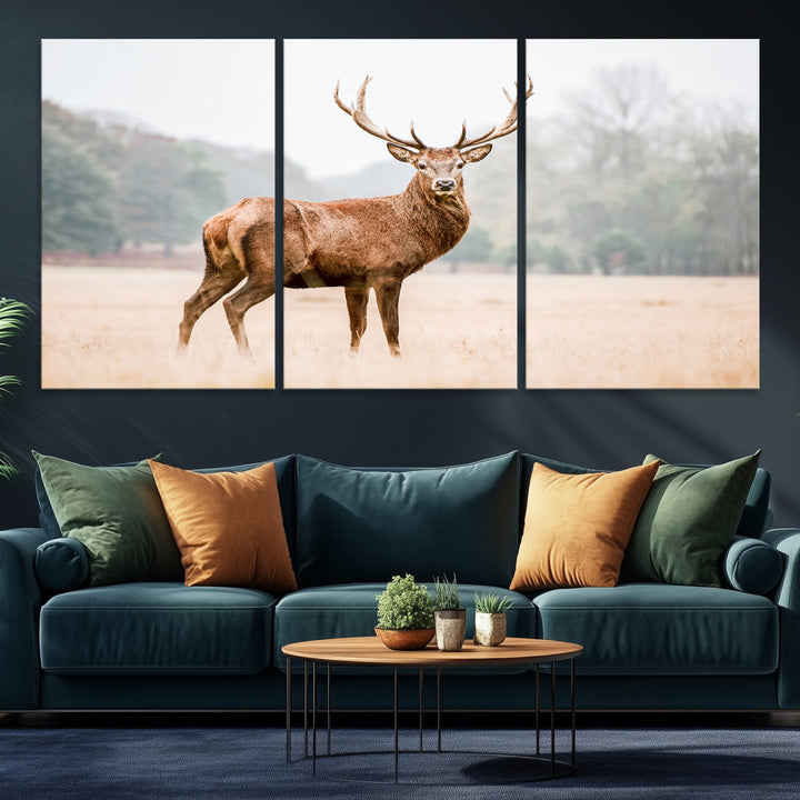 Vintage Wildlife Canvas Print, Framed Misty Landscape Art Picture Print, Deer Wall Art Perfect Rustic Wildlife Decor Artwork