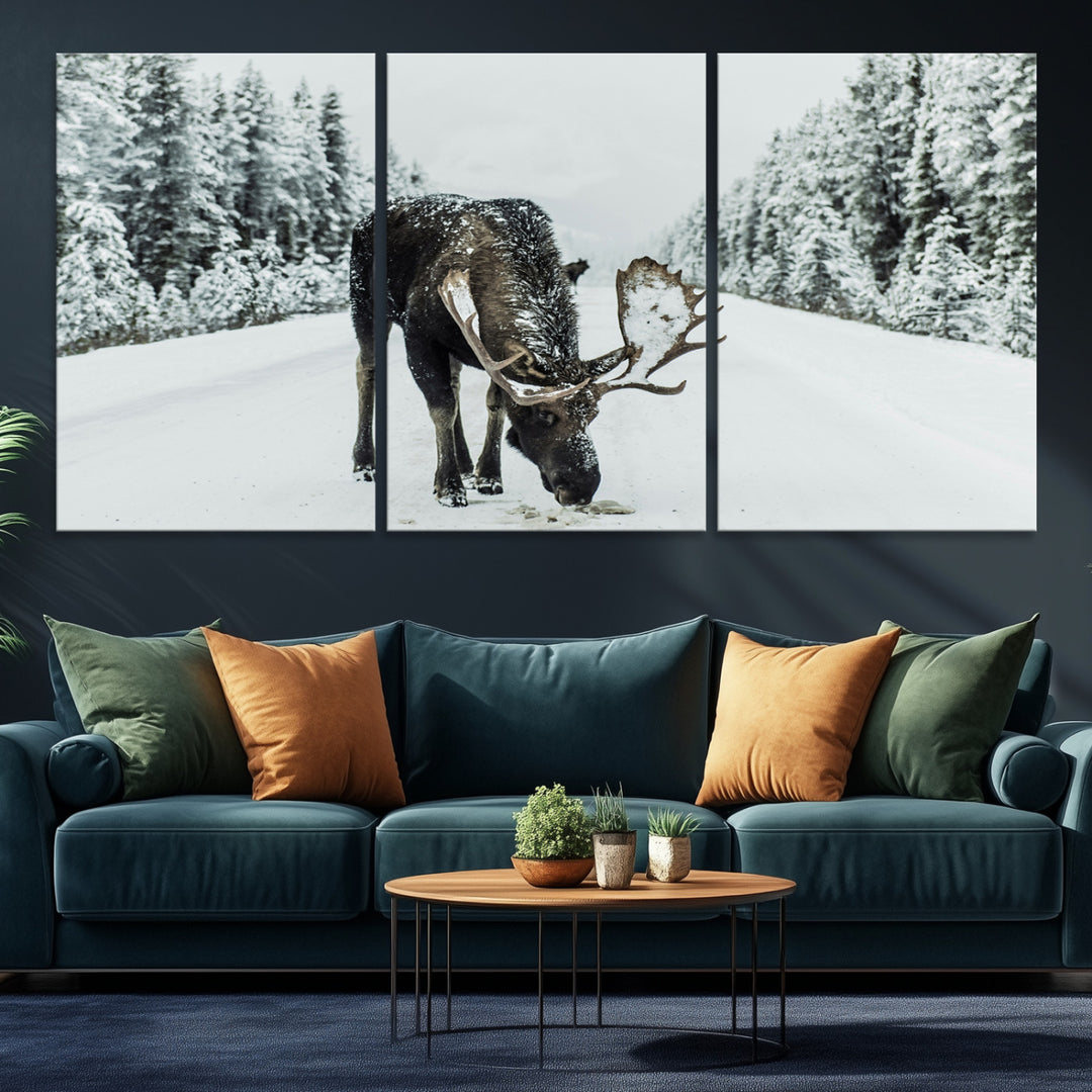 Moose in Snow Wall Art Canvas Print, Framed Winter Wildlife Art Picture Print, Snowy Forest Scene Perfect Rustic Lodge Decor Artwork