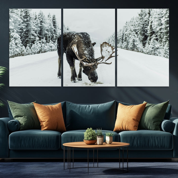 Moose in Snow Wall Art Canvas Print, Framed Winter Wildlife Art Picture Print, Snowy Forest Scene Perfect Rustic Lodge Decor Artwork