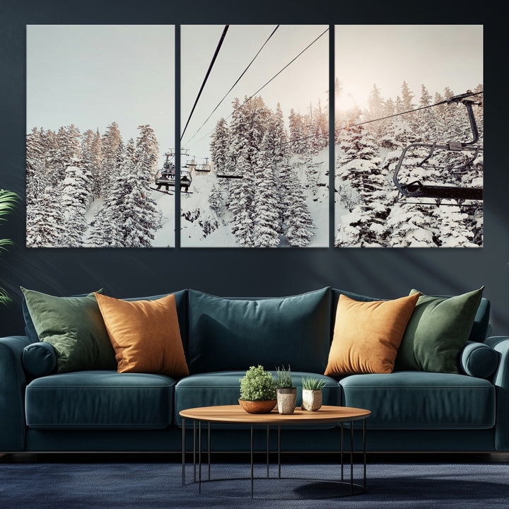91534512-MGV-CV-36X24-Frosty Pines Wall Art Canvas Print, Framed Cozy Cabin View Art Picture Print, Ski Lift Ride Perfect Rustic Lodge Decor Artwork