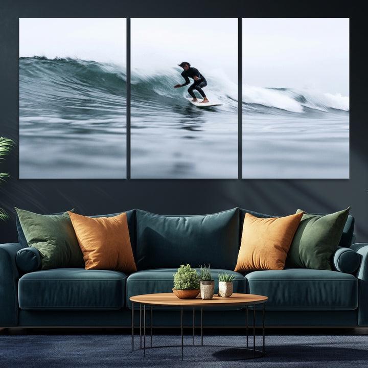 Surfer on Wave Wall Art Canvas Print, Ocean Adventure Print, Framed Motion Blur Water Art Print, Large Deep Blue Surf Printing