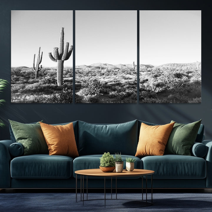 Saguaro Cactus Wall Art Canvas Print, Monochrome Landscape Print, Framed Scenic Arizona Art Print, Large Timeless Western Aesthetic Printing