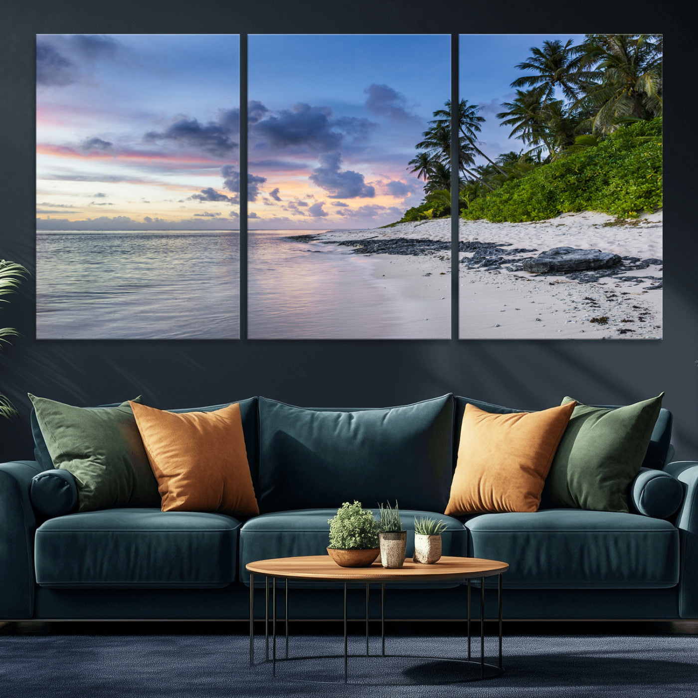 MGV-CV-60X30-3P - Tropical Beach Wall Art Canvas Print, Framed Sunset Glow Art Picture Print, Palm Tree Coast Perfect Tropical Coastal Decor Artwork