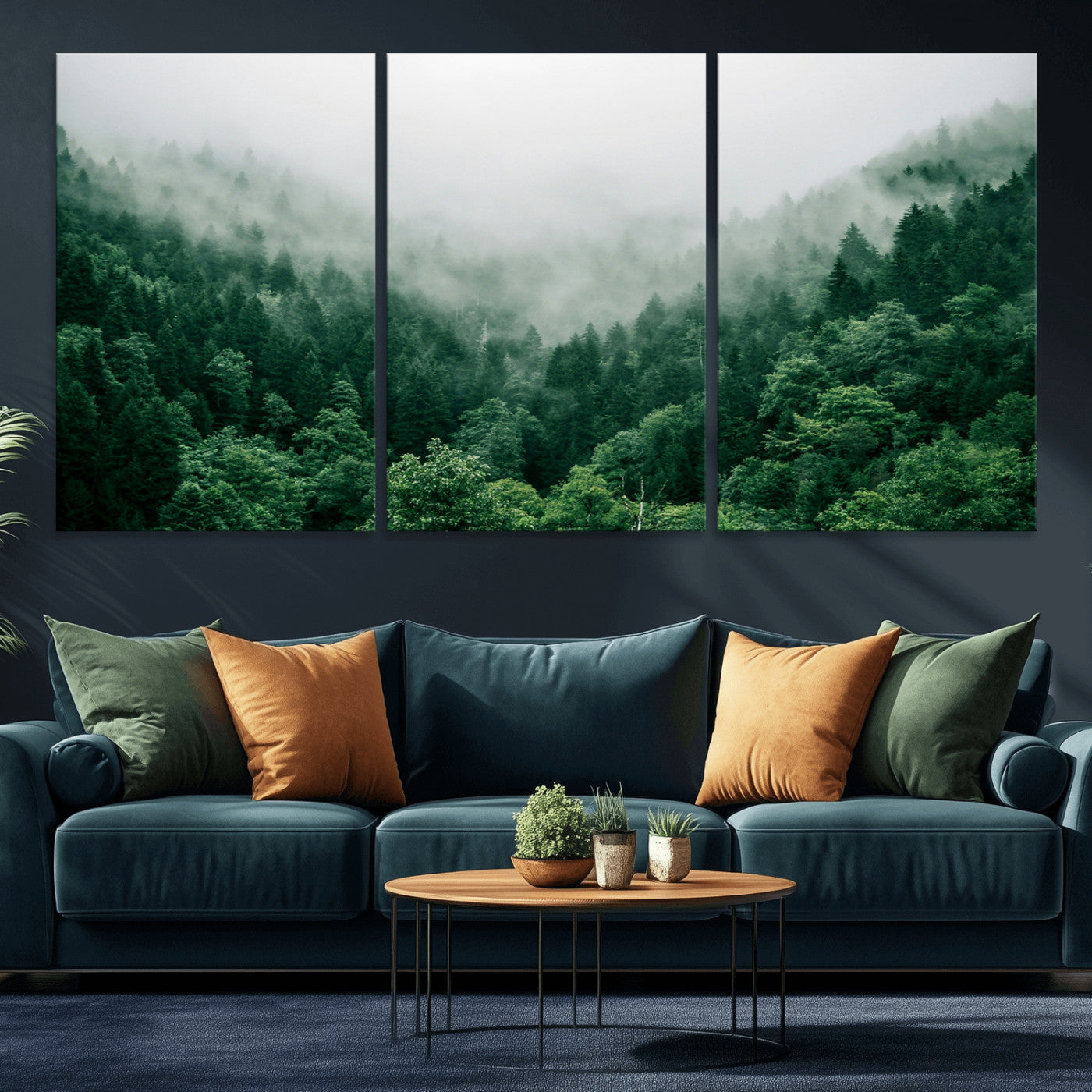MGV-CV-60X30-3P - Misty Green Forest Canvas Print – Serene Foggy Pine Landscape Wall Art, Tranquil Nature Decor for