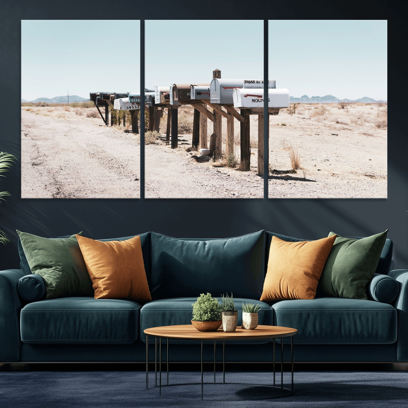 MGV-CV-60X30-3P - Desert Mailboxes Canvas Print – Minimal Western Landscape Photography, Rustic Americana Wall Art for
