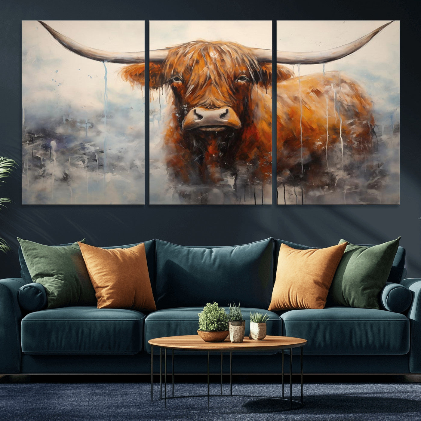MGV-CV-60X30-3P - Scottish Highland Wall Art Canvas Print, Framed Longhorn Art Picture Print, Western Cow Perfect Farmhouse Decor Artwork