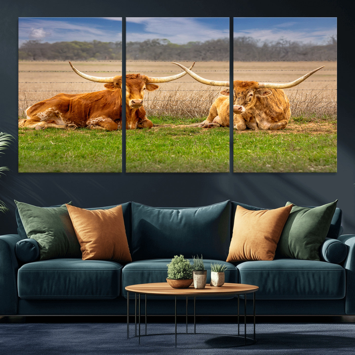 MGV-CV-60X30-3P - Texas Longhorn Pair Wall Art Canvas Print – Peaceful Rustic Ranch Scene with Two Cattle in Field,