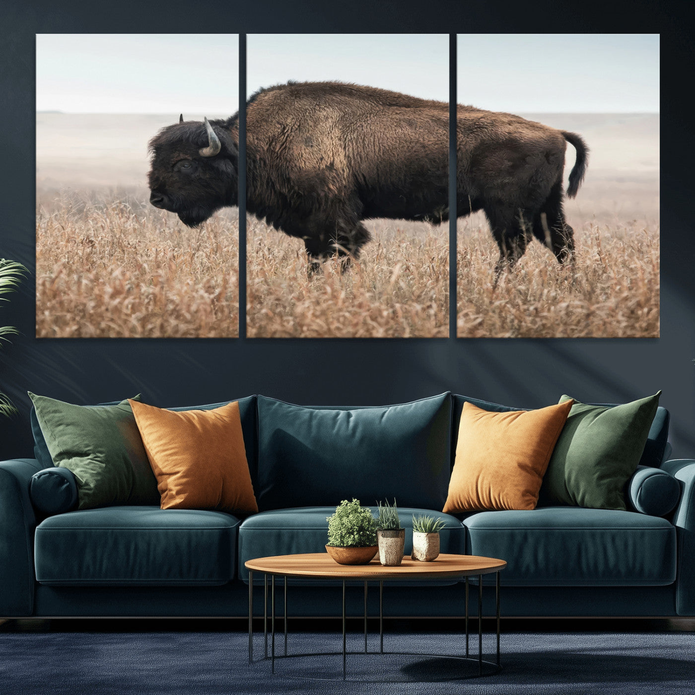 MGV-CV-60X30-3P - American Bison in Field  Wall Art Canvas Print – Powerful Winter Wildlife Scene with Buffalo in