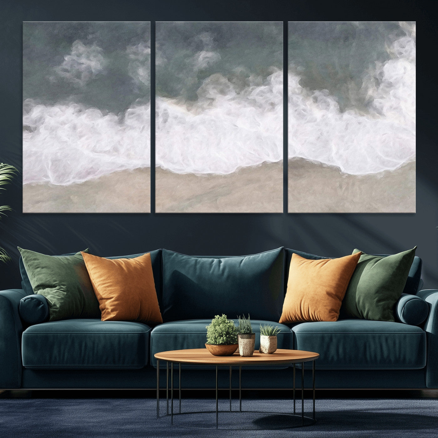 Wall art canvas print featuring foamy ocean waves softly rolling onto a sandy shore with a dreamy, painterly texture.