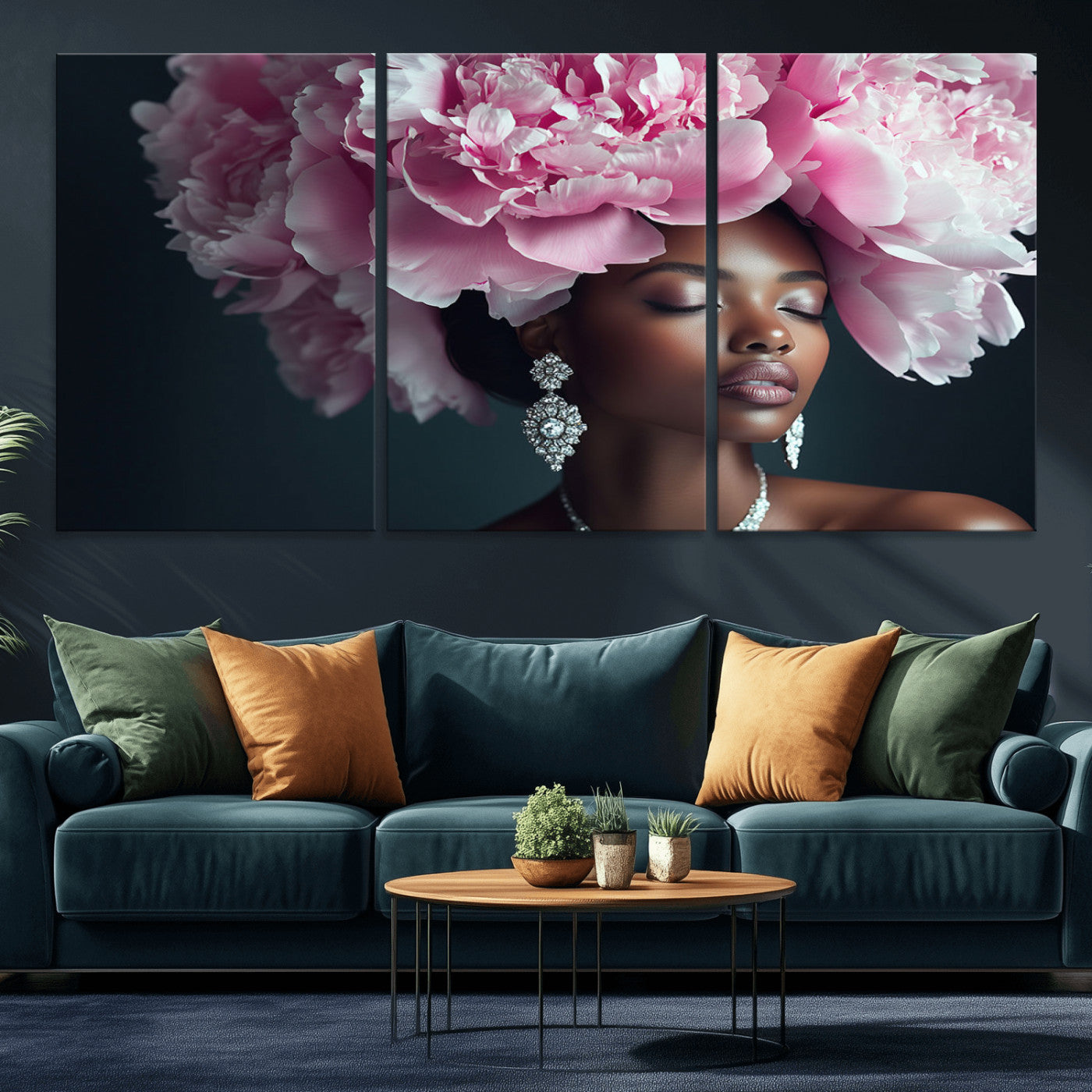 MGV-CV-60X30-3P - Black Beauty Petal Crown Wall Art Print Floral Petal Headpiece, Petal-Inspired Art, Floral Crown