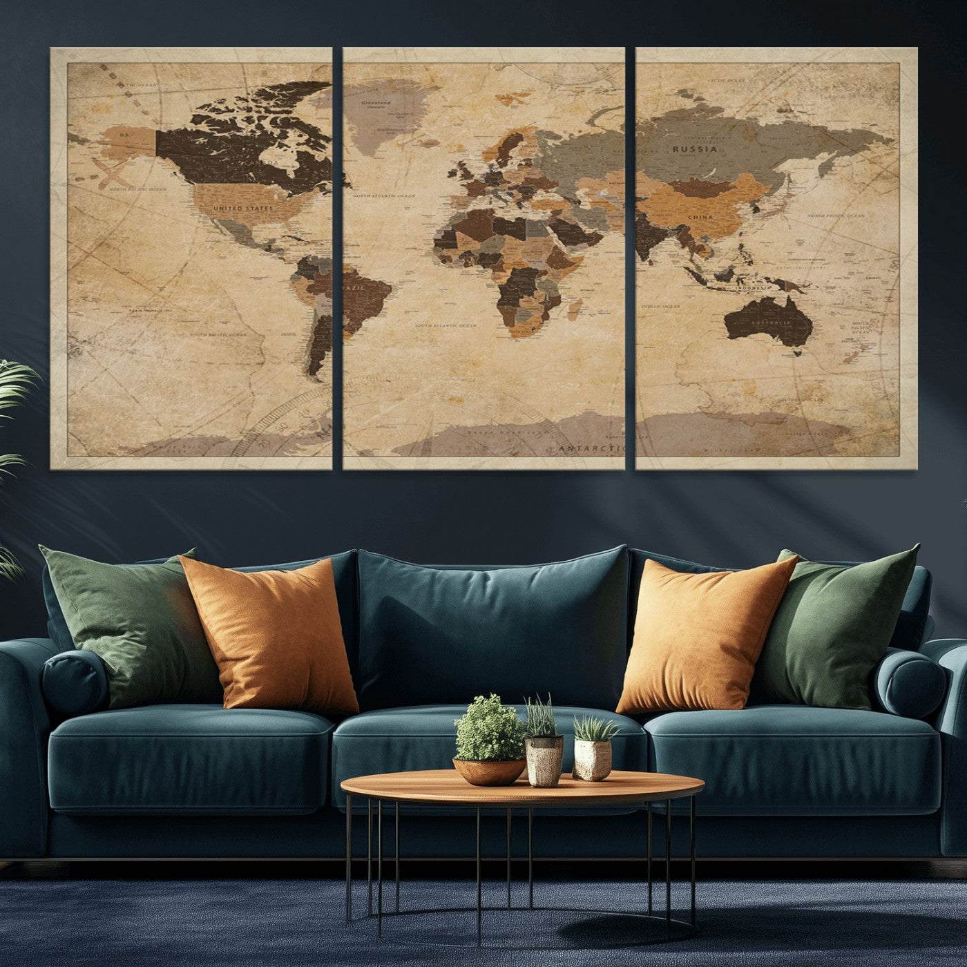 Vintage-style world map with muted brown, beige, and sepia tones, showing countries and continents with a weathered paper texture background.