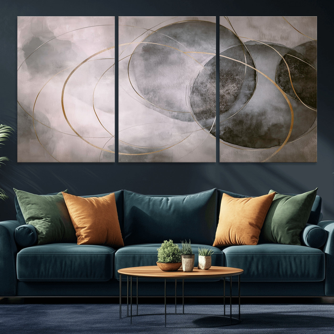 MGV-CV-60X30-3P - Wall Art Canvas Print Abstract Gray Black Gold Circles Soft Texture Modern Minimalist Artistic Home Decor Contemporary Elegant Stylish Unique