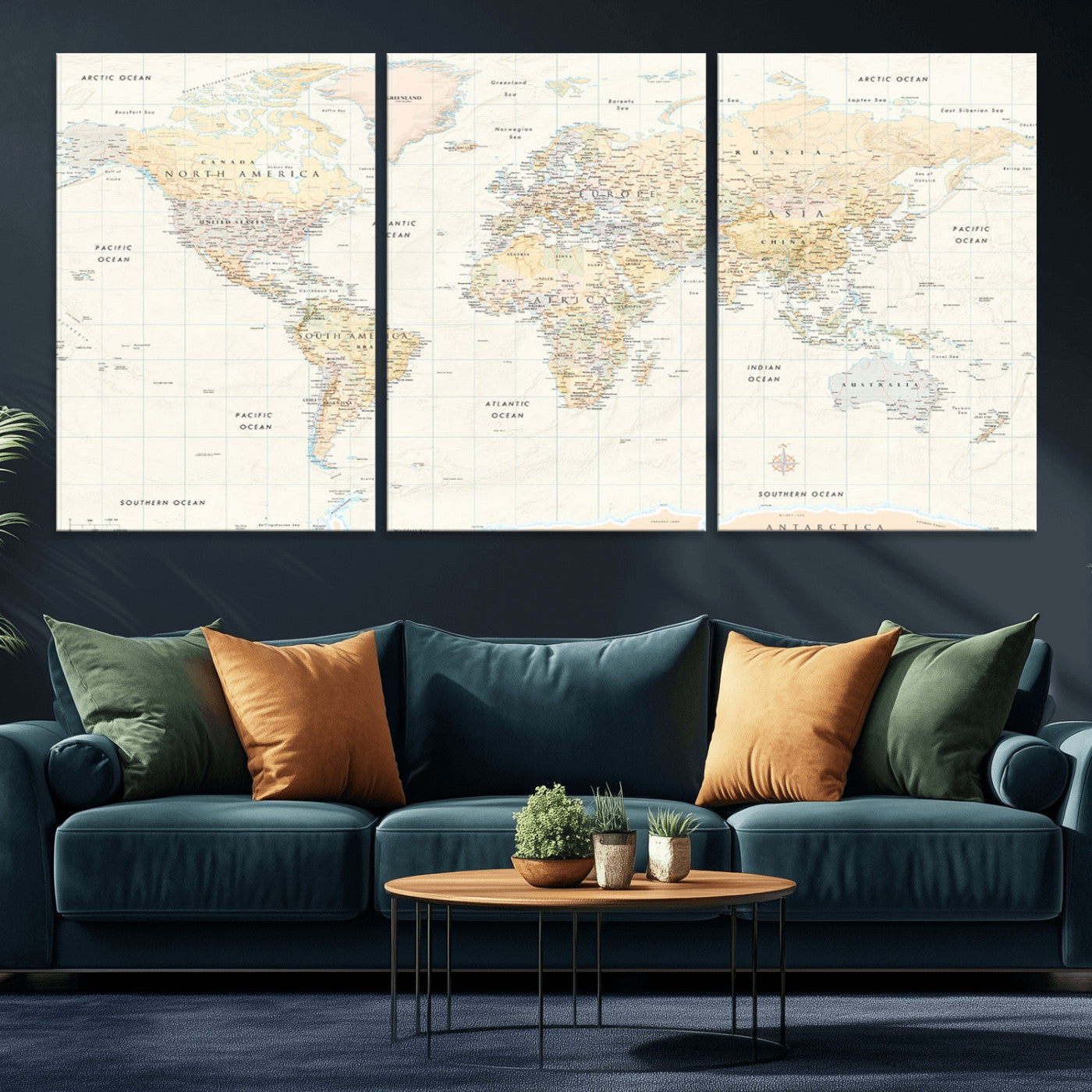 An antique-style world map showing continents, countries, and oceans with soft beige tones, detailed borders, and classic typography, enhanced by a subtle grid overlay and a vintage compass rose.