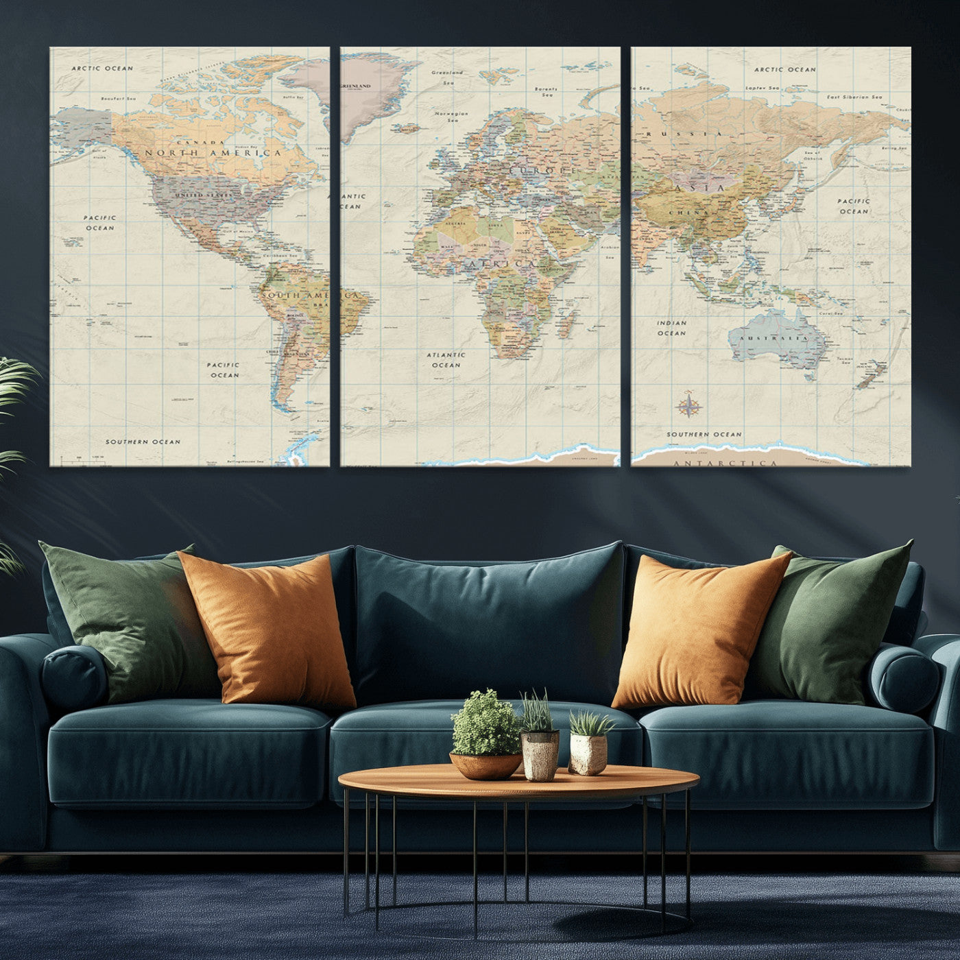 A detailed vintage-style political world map displaying continents, countries, and oceans with clear borders and labels, set on a beige textured background with grid lines.