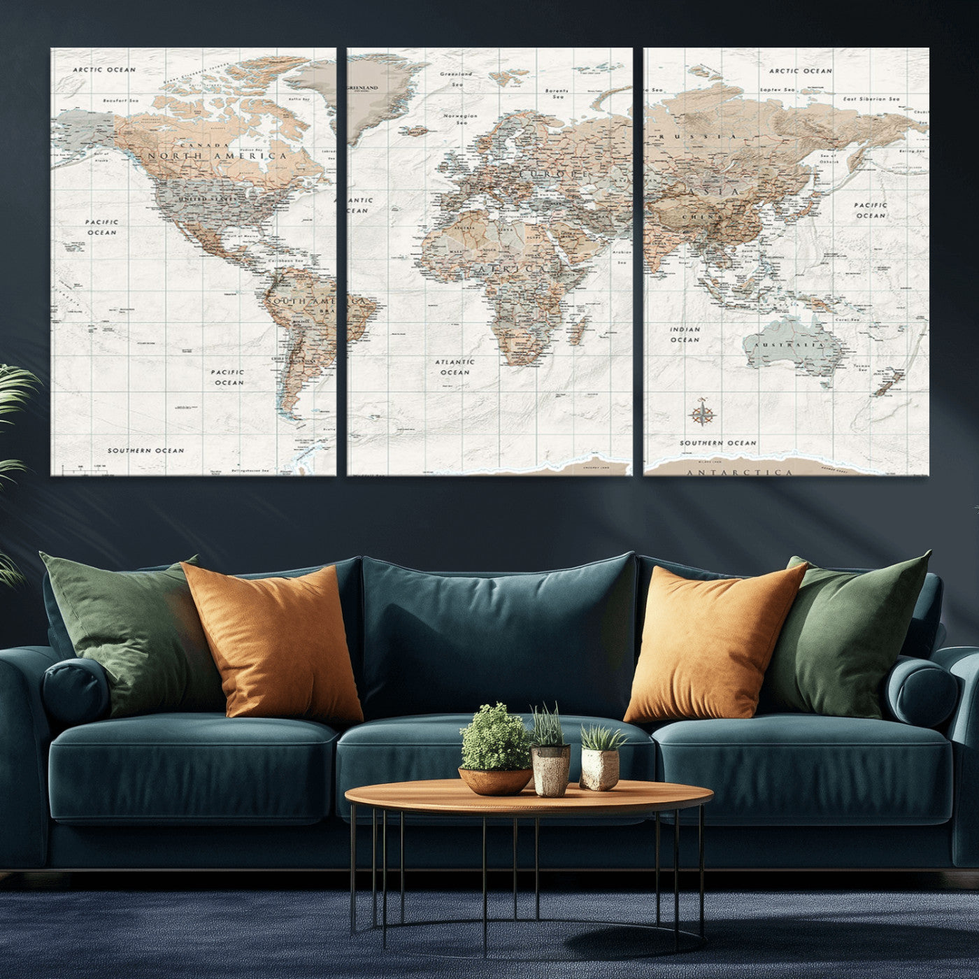 Vintage world map with detailed country borders and labels, featuring soft earthy tones of beige, brown, and gray on a textured parchment background, including oceans, continents, and major cities.