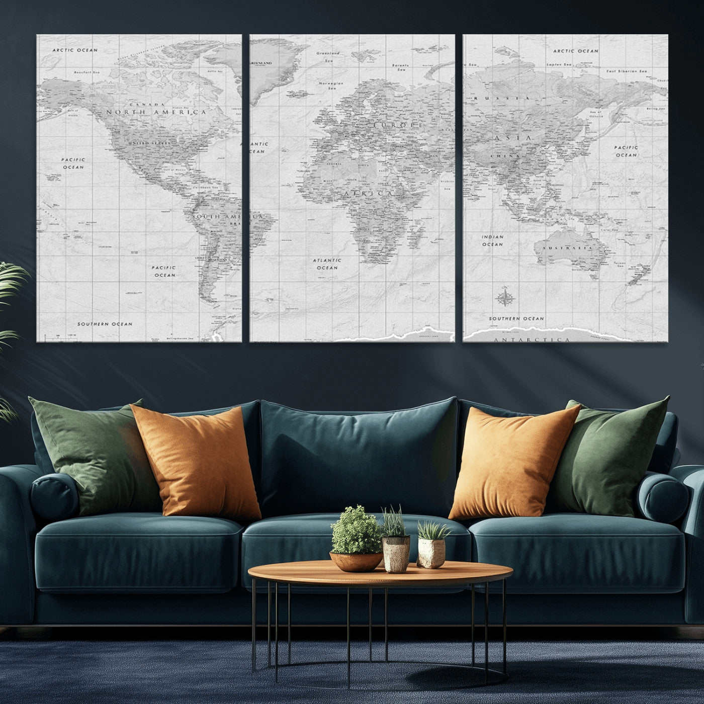 Grayscale vintage world map with detailed country borders, oceans, continents, and major cities on a textured parchment background.