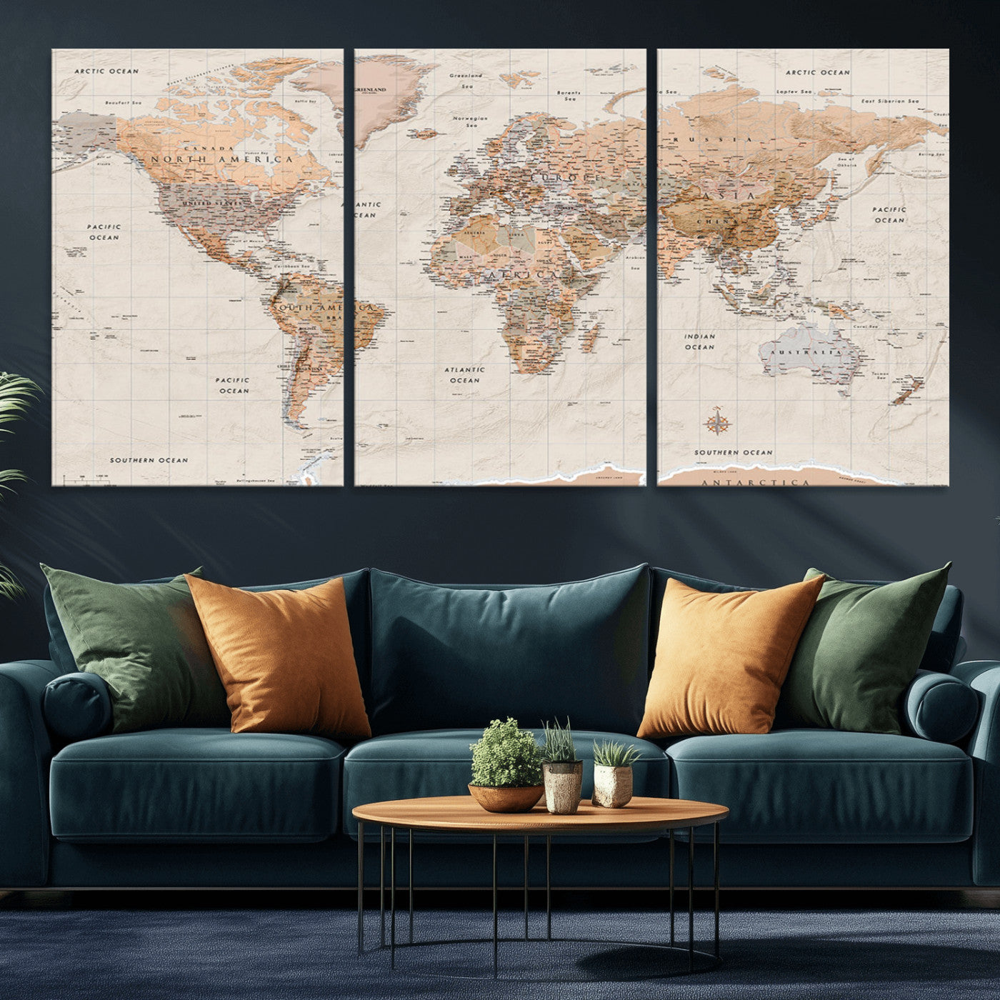 Detailed vintage world map with warm earth tones showing country borders, oceans, continents, and major cities, styled with a textured parchment background.