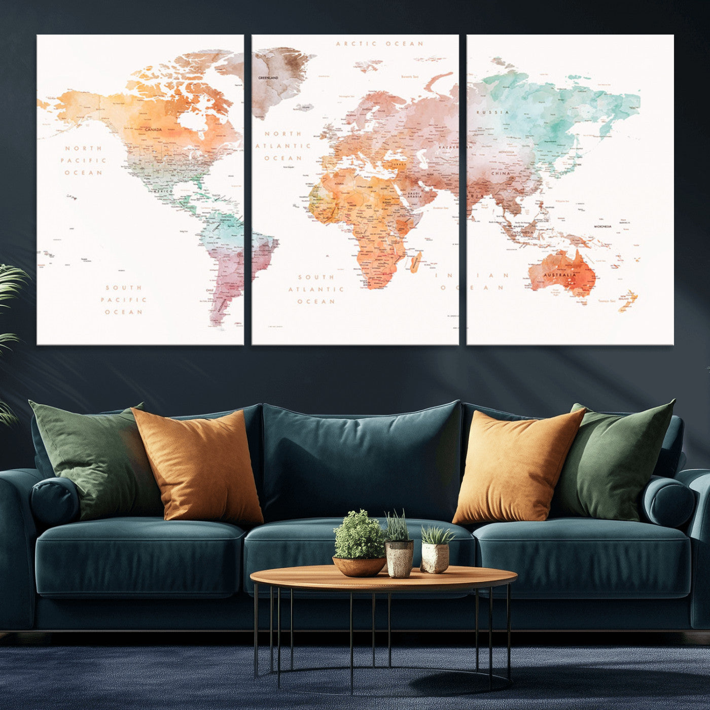 Watercolor world map featuring soft pastel hues in orange, green, blue, and purple on a light background, printed on canvas for vibrant and artistic wall decor.