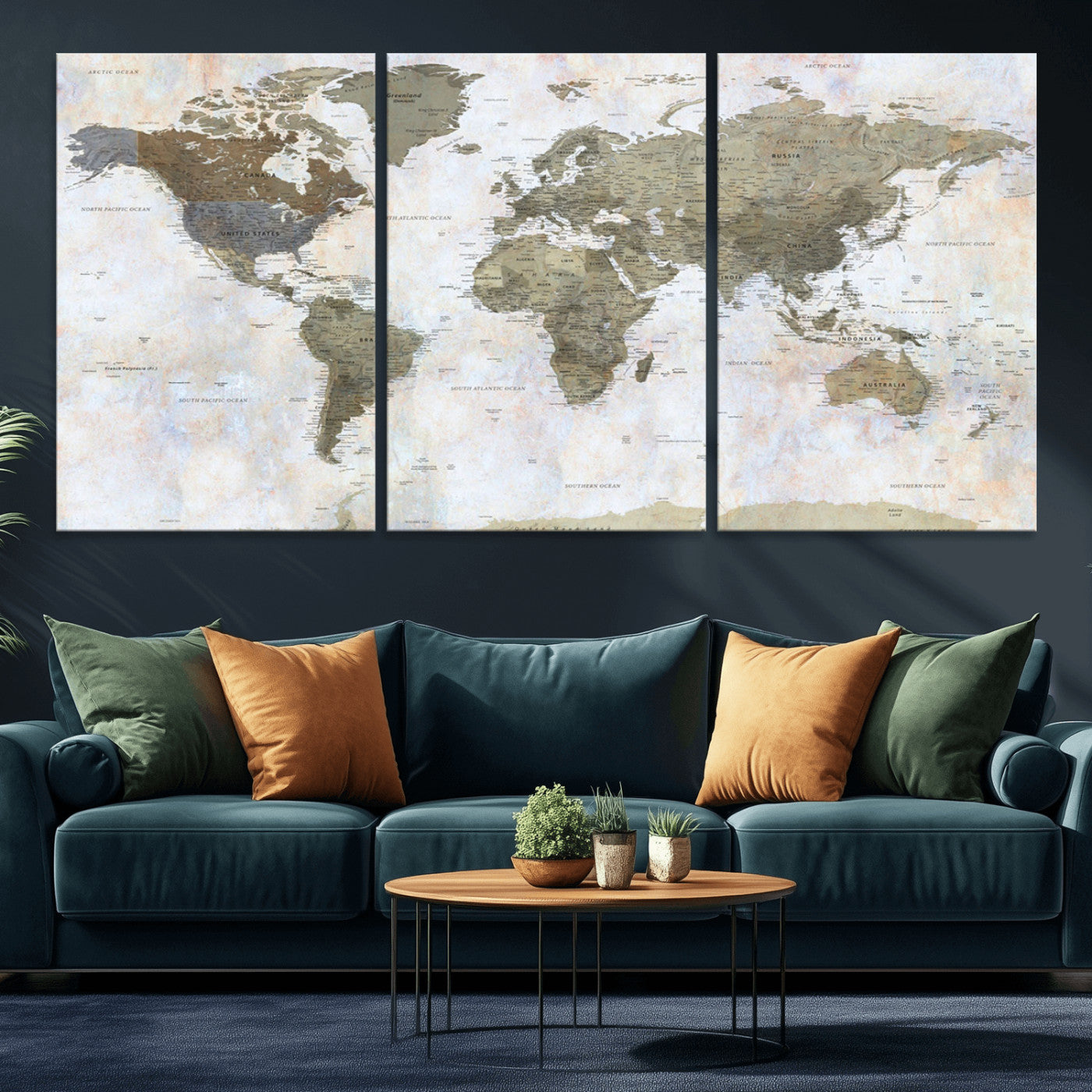 World map printed on a textured canvas with soft muted earth tones and a weathered background, showing detailed countries and continents, perfect for vintage-style wall art.