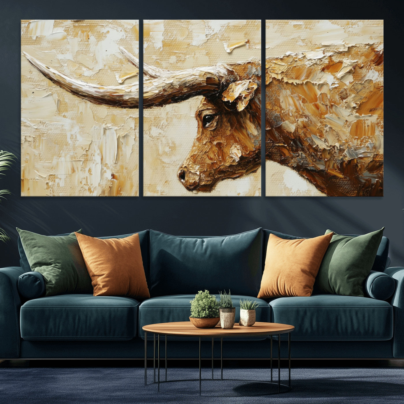 69611428-MGV-CV-36X24 - Rustic Longhorn Bull Wall Art Canvas Print – Vintage Western Cattle Painting, Texas Abstract Wall Cow Prints