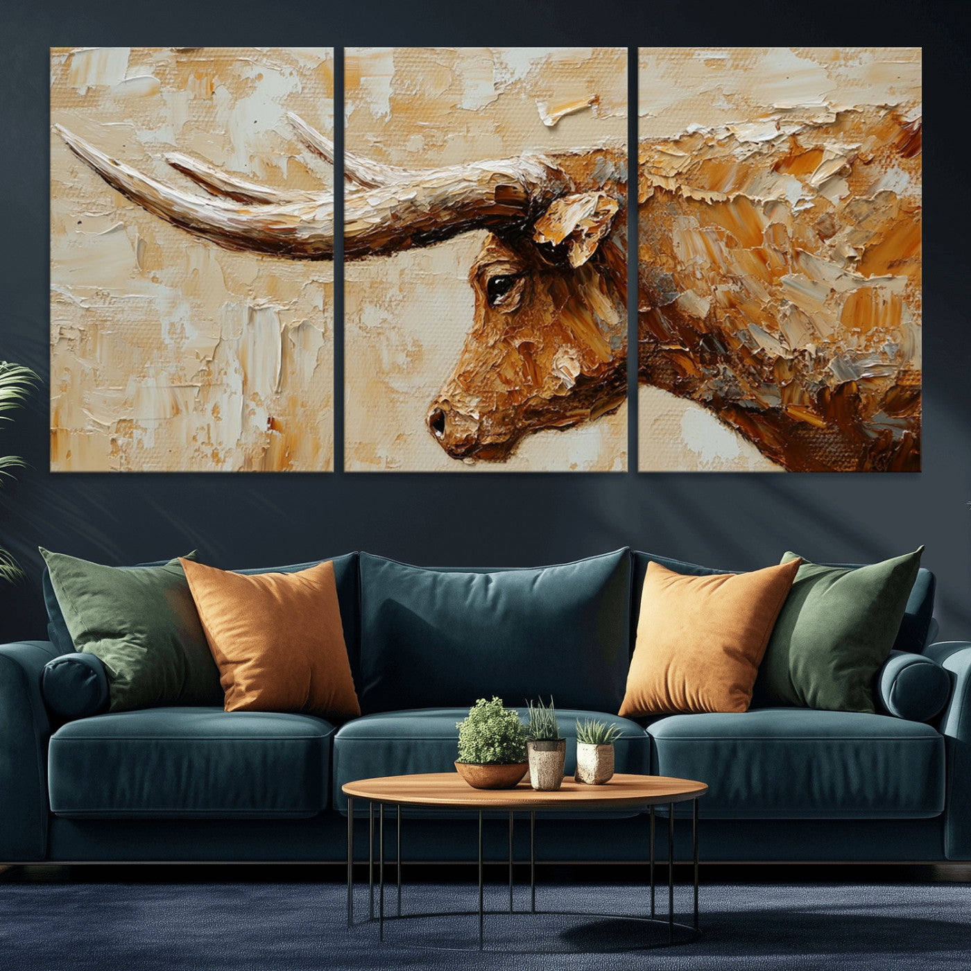 Rustic Longhorn Bull Wall Art Canvas Print – Vintage Western Cattle Painting, Texas Steer Artwork for Ranch, Farmhouse or Cowboy Decor